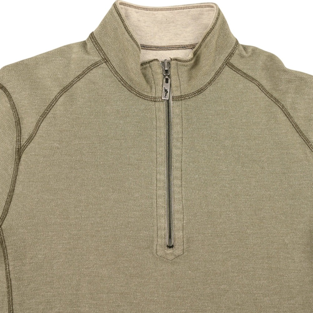 Tommy Bahama Mens Olive Green Herringbone Quarter Zip Pullover Sweatshirt